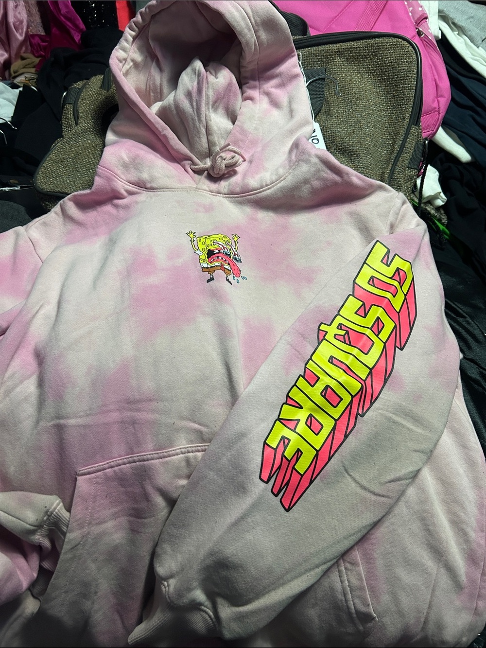 H&M Pink Tie-Dye SpongeBob Graphic Hoodie with Neon Sleeve Detail